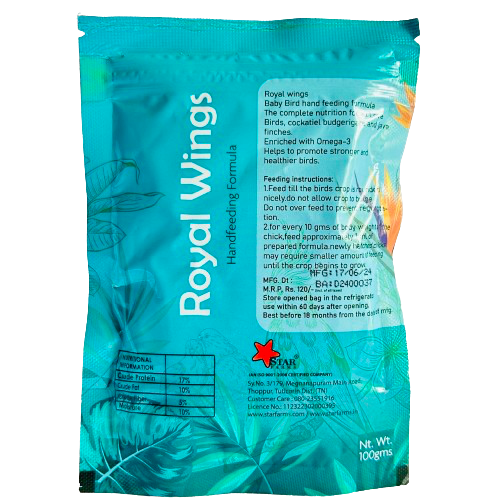 Royal Wings Handfeeding Formula For Love Birds,Cockatiel Budgerigars
And Java Finches. (100gm)