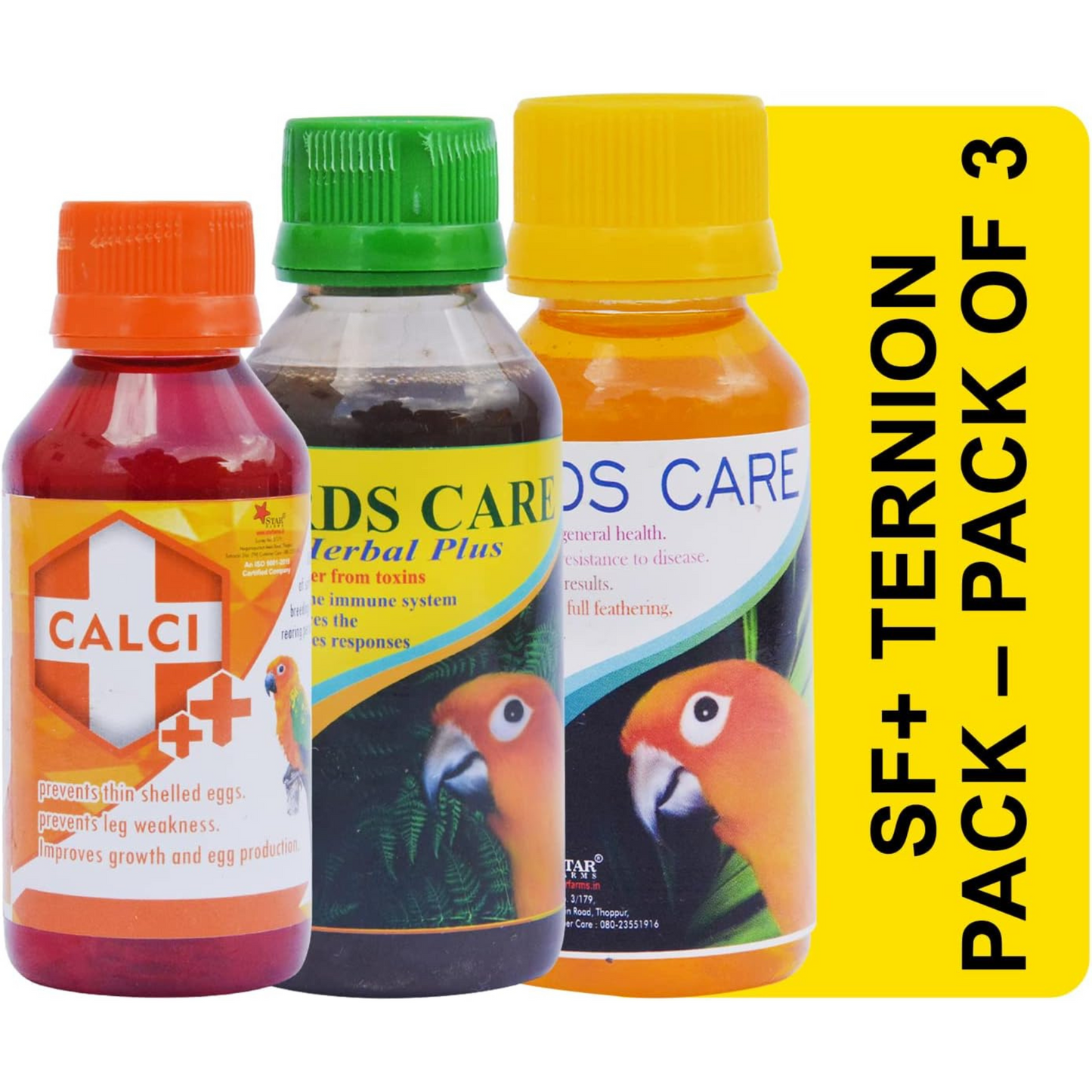 SF+ 3in1 Pack Herbal Plus, Birds Care, Calci+ Health Supplement for Birds, Assist in Growth, Production of Haemoglobin, and Assist in Adds Brilliant Color + Full Feathering for All Birds ( All 100ml )