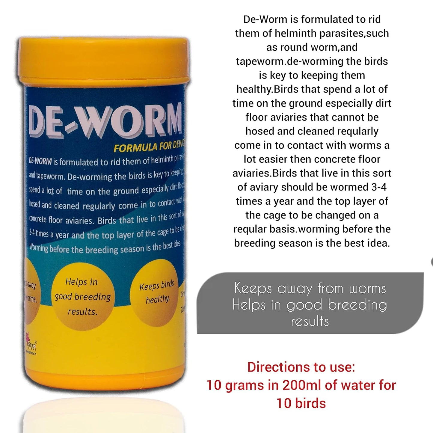 STAR FARMS De-Worm Pet Birds Health Supplements with Unique Formula for Deworming The Birds - 100 g/Helps in Good Breeding Results, Birds Healthy