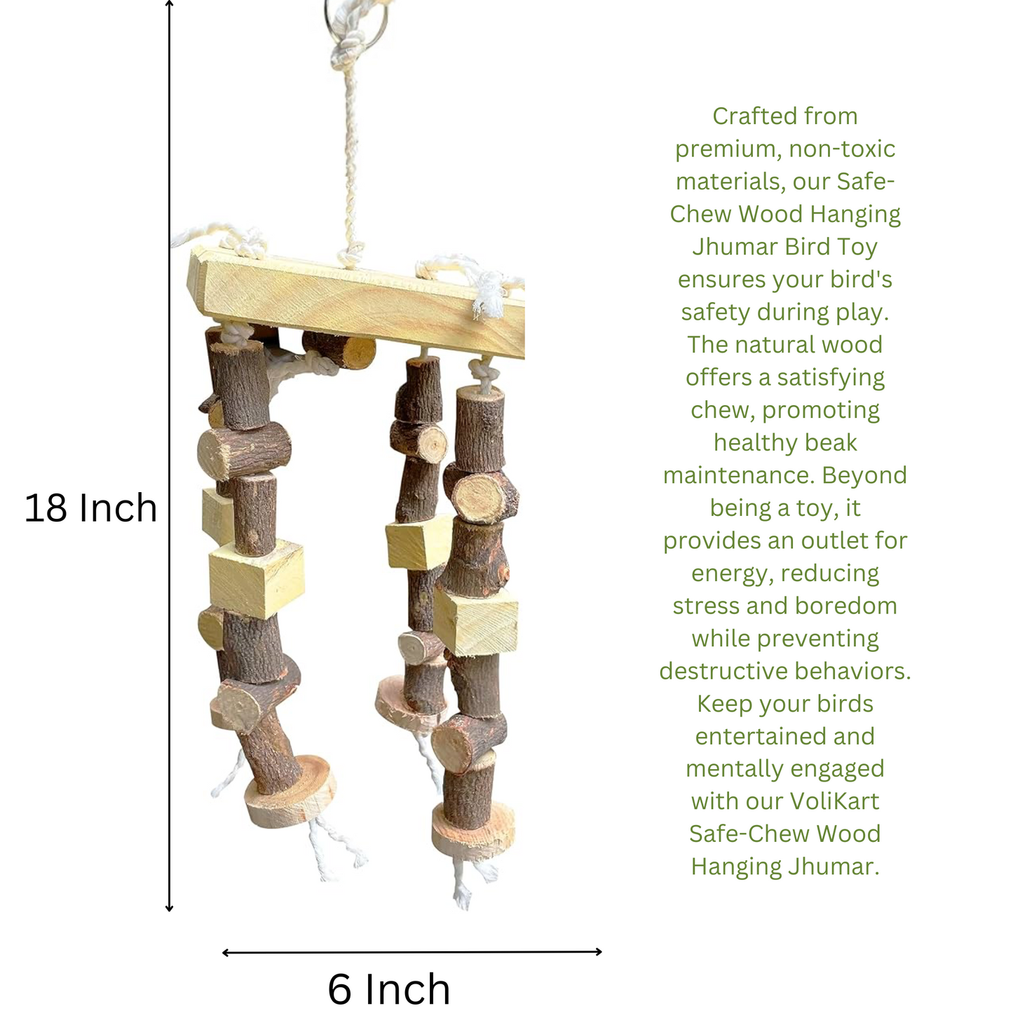 6x12 Inch Safe-Chew Neem Wood Hanging Jhumar Bird Toy for Chewing & Playing - Ideal for Conure, African Grey, Amazon, and Macaw (Piece of 1)