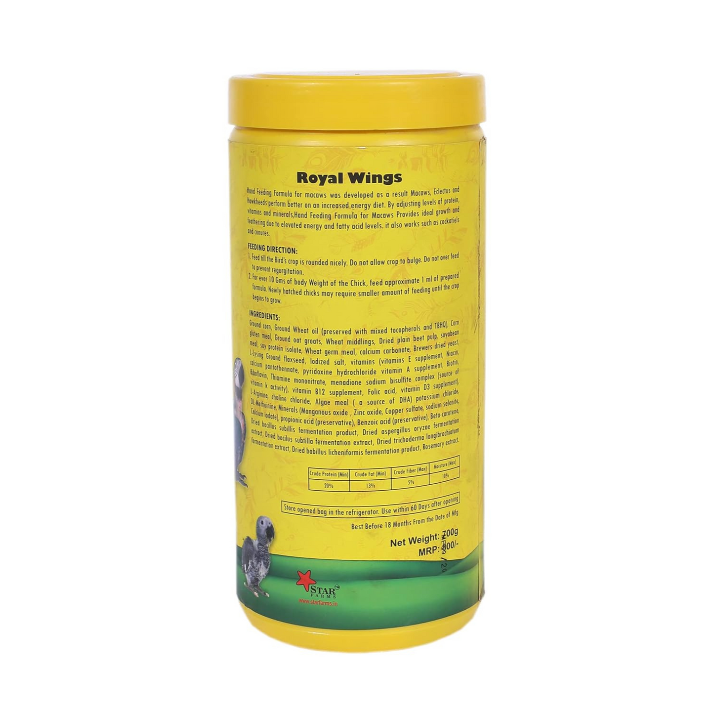 Star Farms Hand Feeding Royal Wings Baby Bird Hand - Feeding Formula with DHA Omega - 3 700g